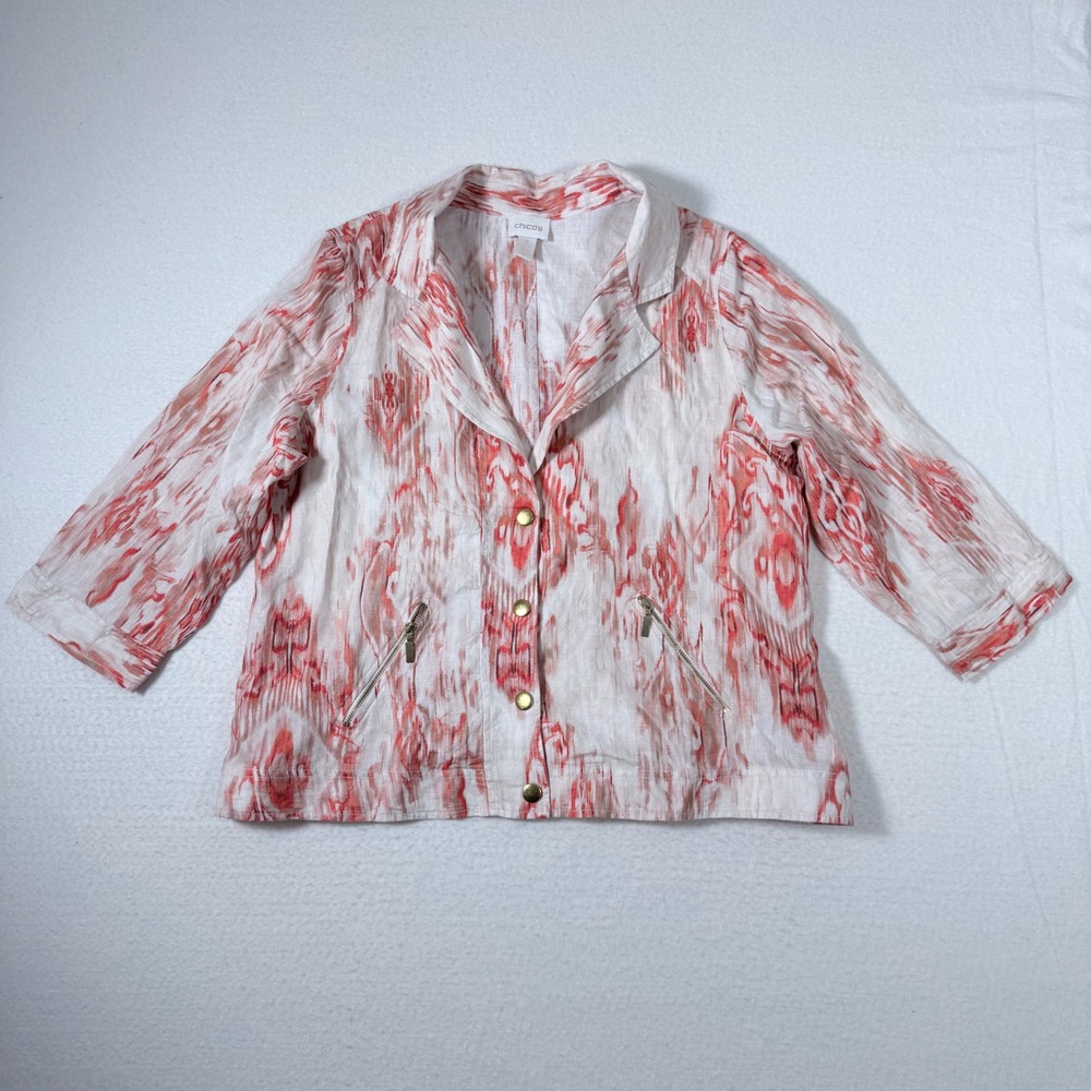 Chico's Abstract Print Linen Blend Blazer Jacket 3/XL Three Quarter‎ Sleeve